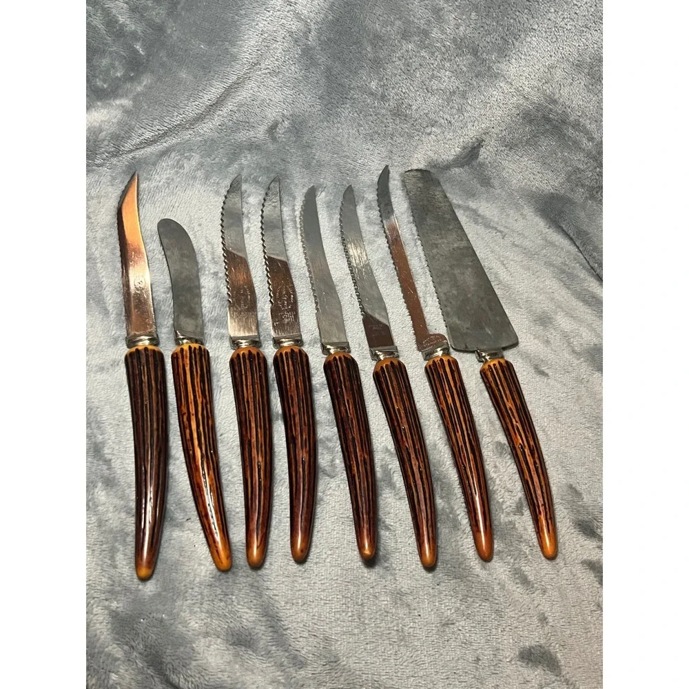 Vintage‎ Regal Crest Sheffield England Knife Set 8 Faux Stag Handles MCM USA